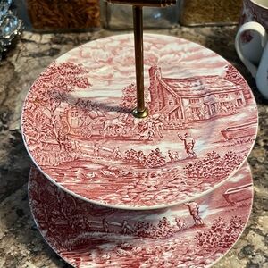 The Post House Wood & Sons Vintage Red and White Two-Tiered Cake Stand